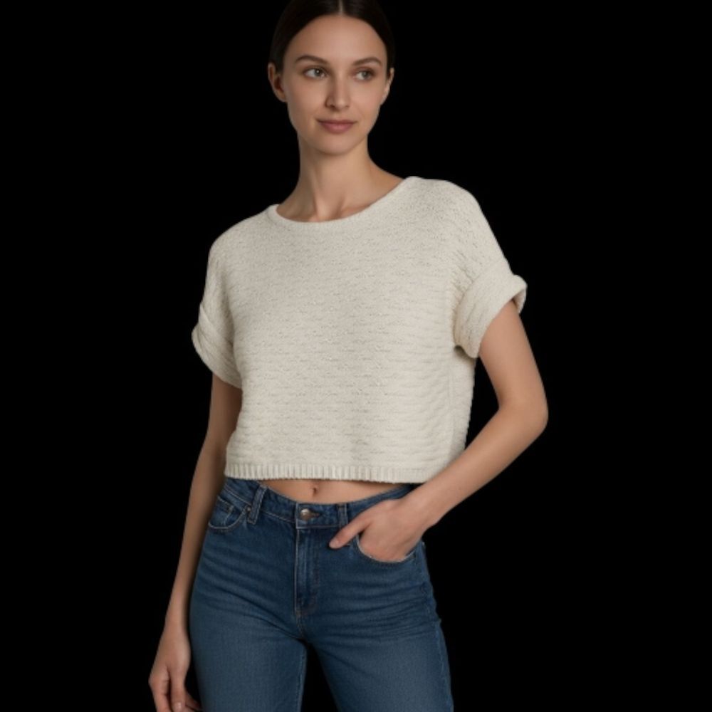 Ann Taylor Loft Knit Sweater Basket Weave Cotton Cream Cropped Short Sleeve XS